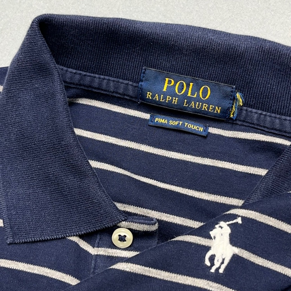 Polo Ralph Lauren Mens Pima Soft Touch Striped Polo Shirt Navy Blue White L 1802